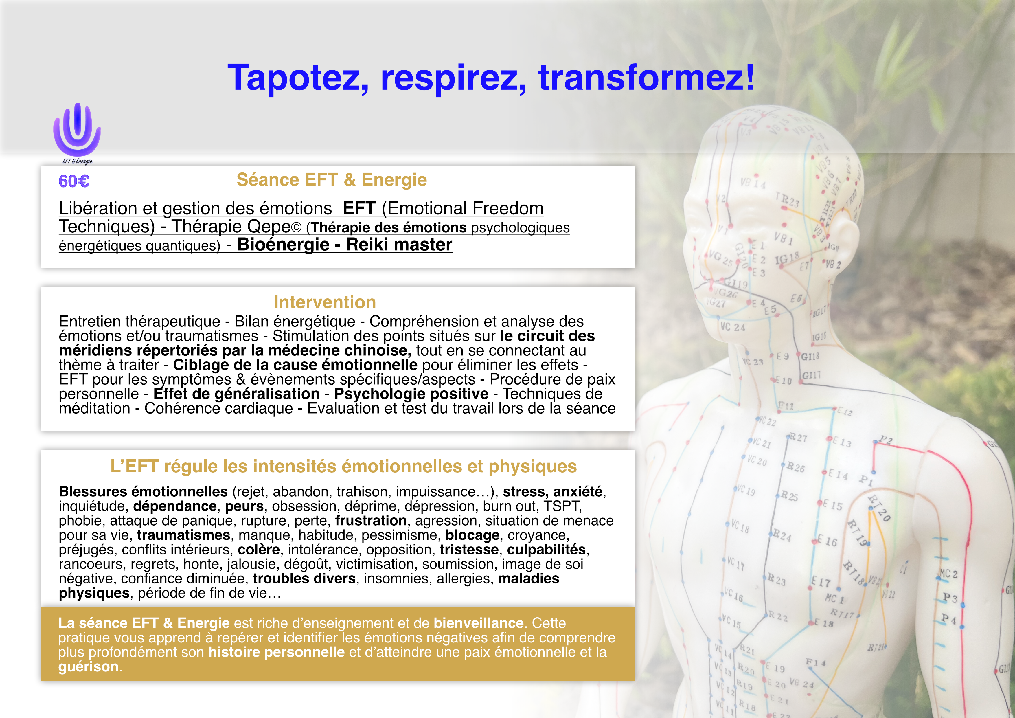 Efficacité et bénéfices thérapeutiques de l’EFT à Troyes - Libération des émotions - Séquence de stimulation des points d'acupuncture et verbalisation - Grandir en conscience et libérer le stress et l'anxiété avec Avahana - tapotez, respirez, transformez!
