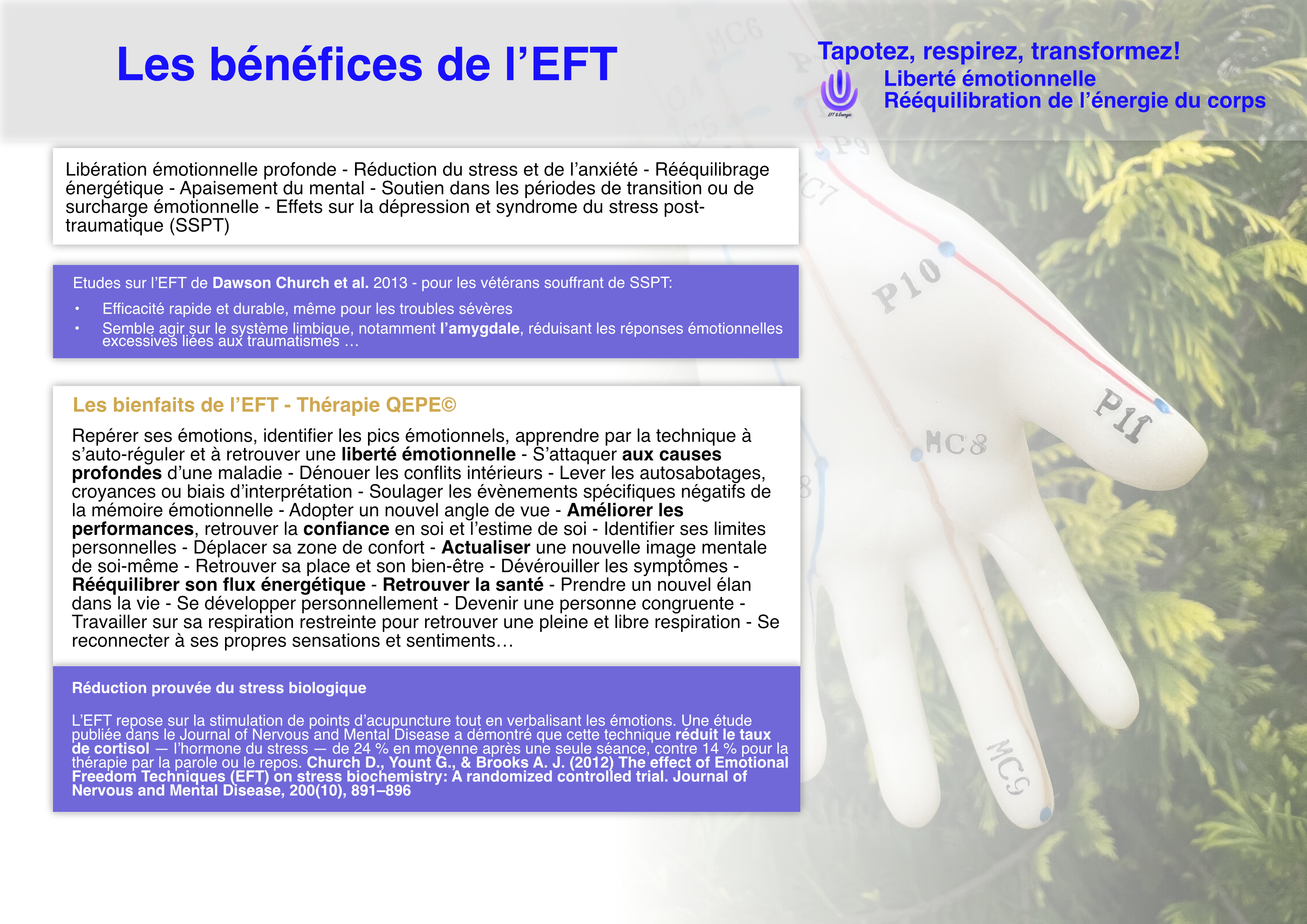 Efficacité et bénéfices thérapeutiques de l’EFT à Troyes - Libération des émotions - Séquence de stimulation des point d'acupuncture et verbalisation - Grandir en conscience et libérer le stress et l'anxiété avec Avahana