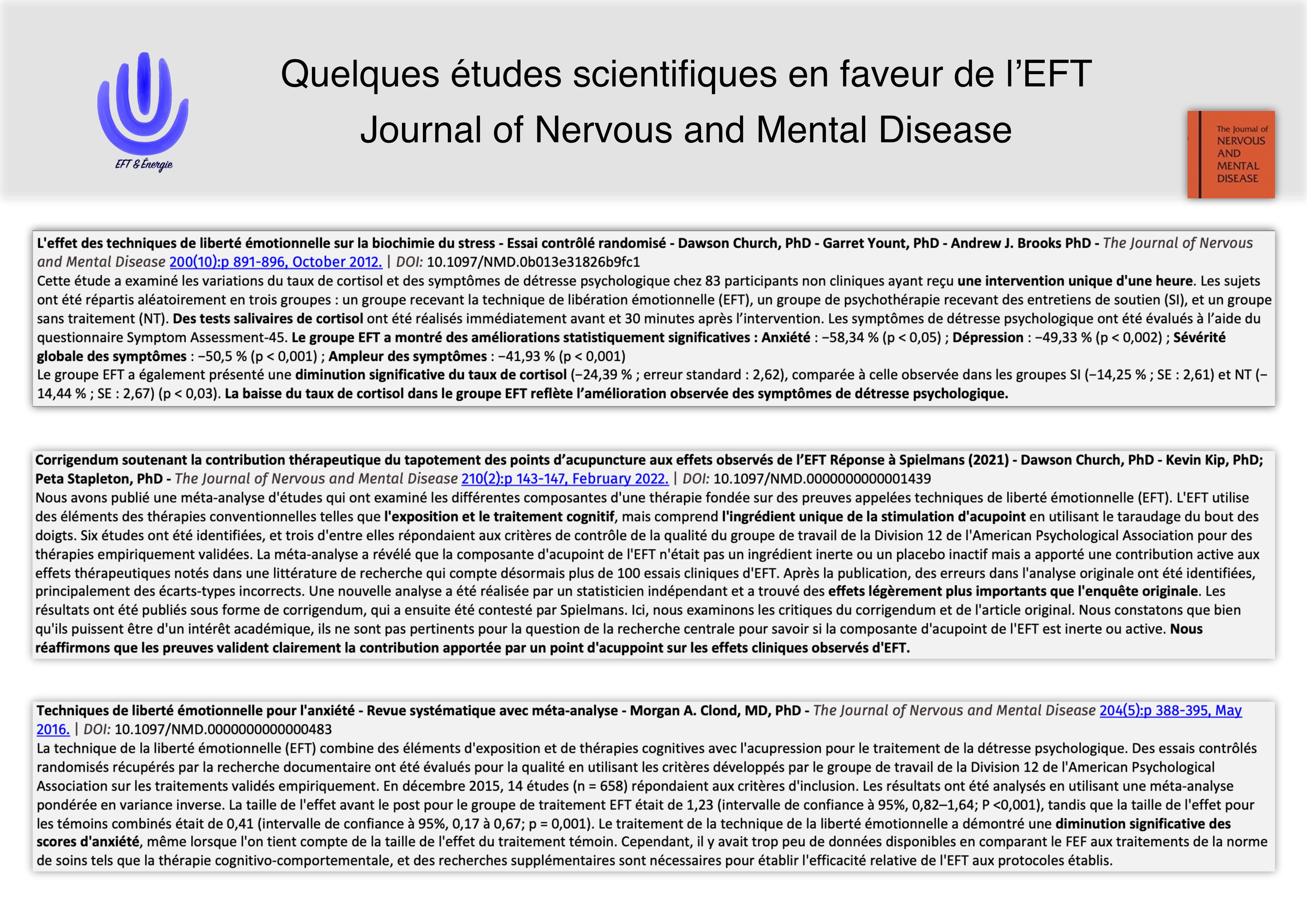 EFT à Troyes - Validation scientifique de l’EFT – études et publications - séance EFT & Energie chez Avahana