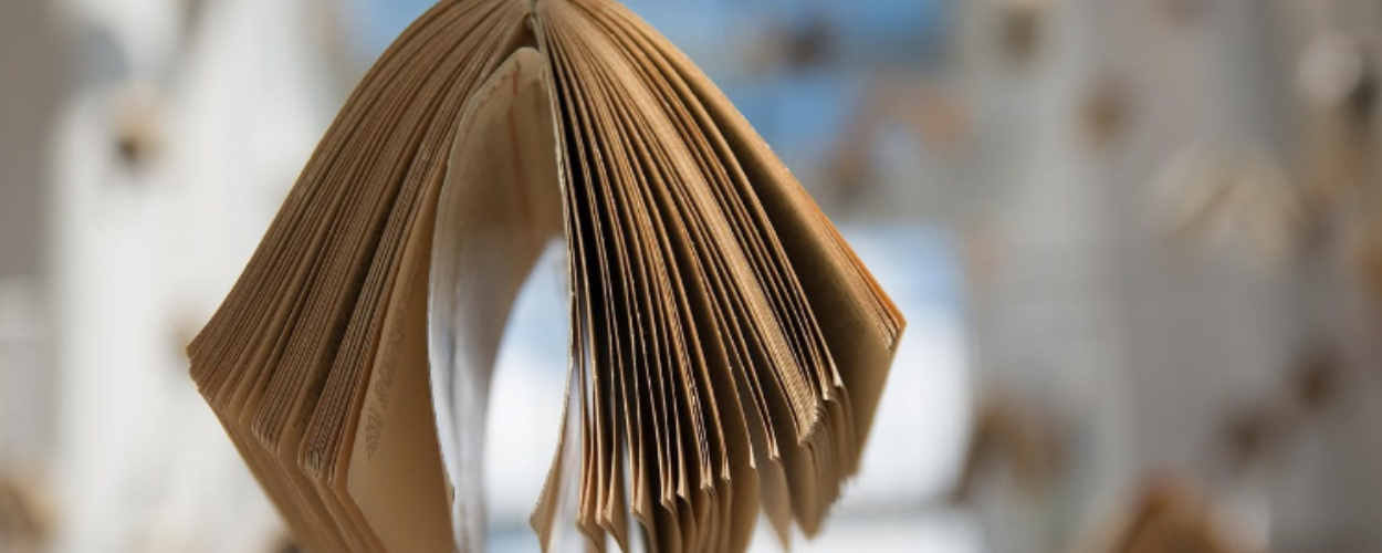 Livre ouvert suspendu représentant un chapitre de vie au sein du Livre ouvert Avahana, une bibliothèque d'articles consacrés à la compréhension, la régulation et l'évolution personnelle.