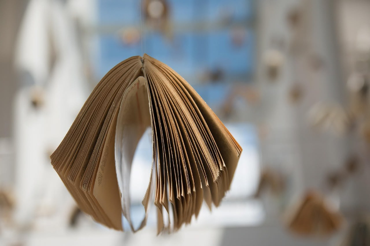 Livre aux pages déployées en forme de boucle devant une bibliothèque floue, symbolisant une boucle mentale qui mobilise une partie des ressources et de l'attention disponibles.
