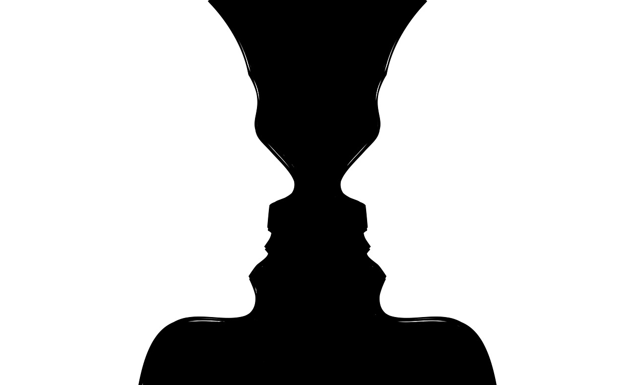 Illusion d'optique représentant deux profils face à face et un vase central, illustrant les mécanismes de perception, de réciprocité et d'effet miroir dans la relation.