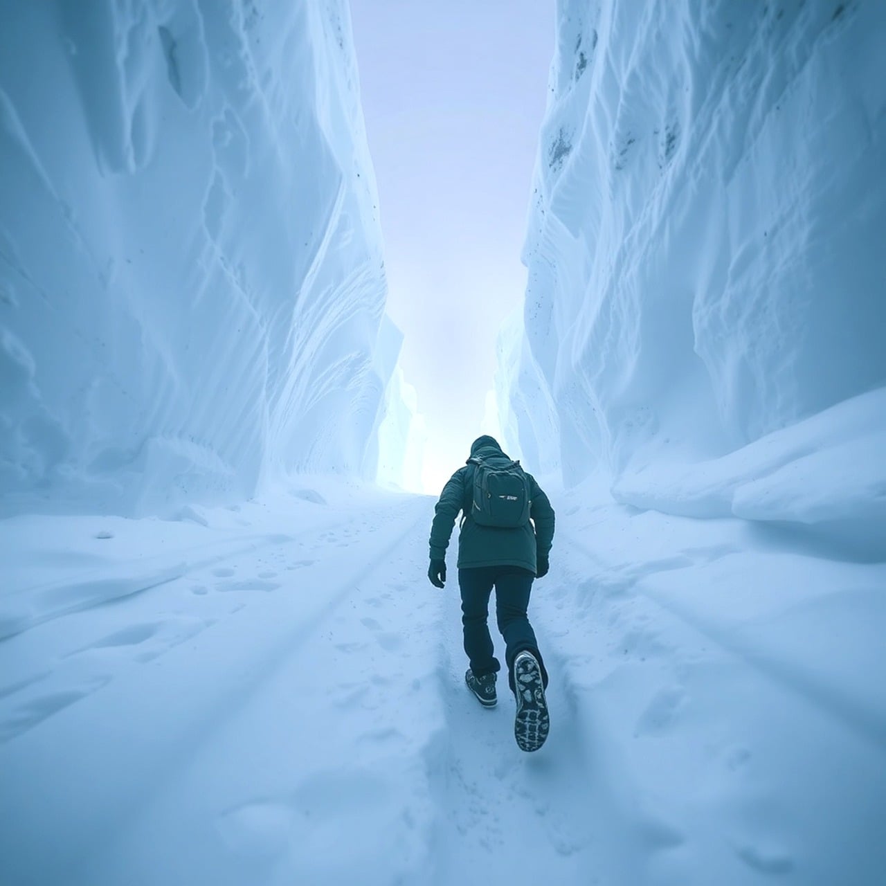Personne avançant à pied dans un étroit passage de glace en direction d’une ouverture lumineuse.