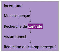 Schéma illustrant le passage de l'incertitude à une menace perçue, puis à une recherche de contrôle, une vision tunnel et une réduction du champ perceptif.